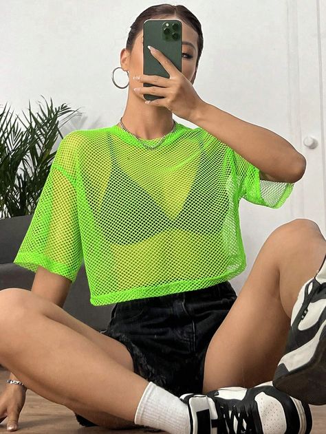 SHEIN Coolane Drop Shoulder Crop Mesh Top Without Bra for Sale New Zealand| New Collection Online| SHEIN New Zealand Neon Festival Outfit Ideas, Neon Green Clothes, Neon Theme Outfit, See Threw Shirt, Neon Green Outfit, Acl Outfits, Gay Club Outfit, Neon Festival Outfit, Neon Party Outfits