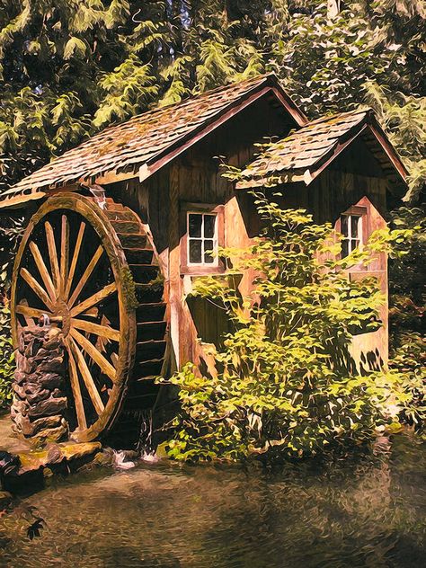 Waterwheel House, Mill Painting, Glade Creek Grist Mill, Old Grist Mill, Windmill Water, Water Wheels, Natural Swimming Ponds, Grist Mill, Backyard Water Feature