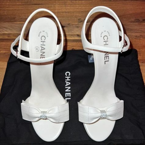 Chanel Sandals from CHANEL, Elegant Style, 2022 SS White Chanel Shoes Heels White, White Heels Chanel, Wedding Shoes Chanel, Chanel White Shoes, White Chanel Shoes, Chanel Wedding Shoes, Bridal Maxi, Chanel Heels, Chanel Espadrilles