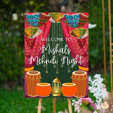 Welcome your guests with this beautiful and colorful Mehndi Welcome Sign!! Head over to Etsy to purchase @FullahPrints 💚 Mehndi Home Decor, Mehndi Welcome Board, Mehndi Entrance, Mehndi Signs, Mehndi Night, Mehndi Decor, Welcome Boards, Entrance Sign, Welcome Poster