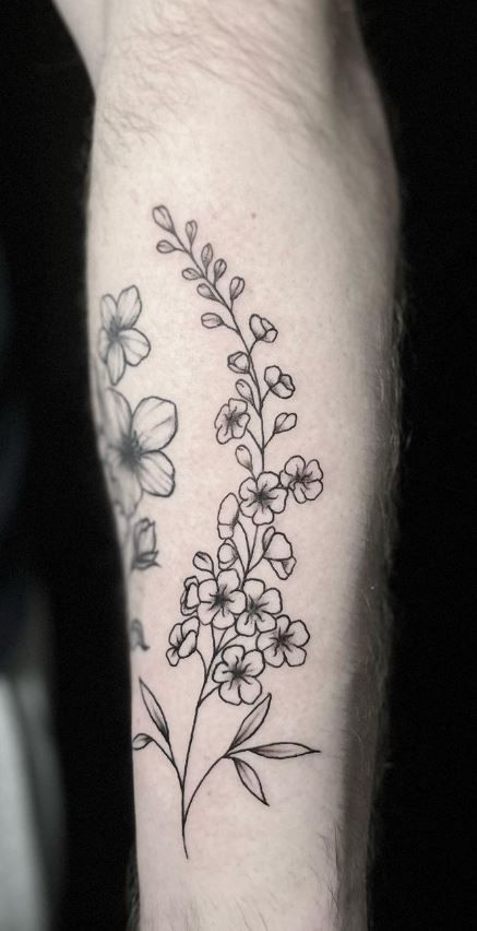 Larkspur Tattoo Minimalist, Larkspur Forearm Tattoo, Lilocks Flower Tattoo, Tall Flower Tattoo, Lark Spur Flower Tattoo, Larkspur Wrap Around Tattoo, Delphinium Flower Tattoo Black And White, Larkspur And Violet Flower Tattoo, Chrysanthemum And Larkspur Tattoo