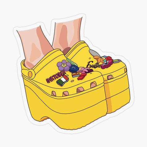 Fruit-Tee... Redbubble sticker, Yellow high heel wedge Croc shoes with accessories. This design is a crazy spin on a fashion statement shoes. These are high heel yellow crosc with detailes pin accessories. Fun and quirky sticker.

#fruittee #funny #puns #funnystickers #stickers #sticker #crocs #crocstickers #crocsandsocks #yellowcrocs #colorcrocs #funsticker #redbubble #redbubblestickers #redbubbletsticker #stickerdesign #fun #playful #fashionsticker #funstickers #laptopstickers Crocs Stickers, High Heel Crocs, Heel Crocs, Yellow Crocs, Yellow High Heels, Croc Shoes, Pin Accessories, Red Bubble Stickers, Statement Shoes