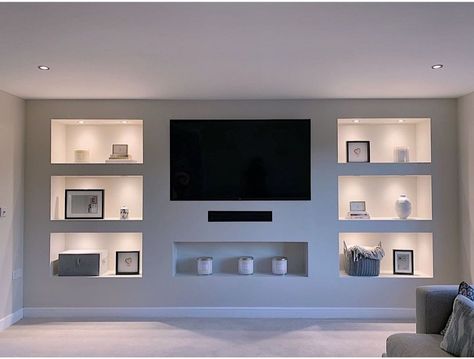 Media Wall Shelving Ideas, Tv Wall With Built In Shelves, Media Wall Ideas Without Fireplace, Media Wall Ideas, Television Room, Tv Shelving, Man Home Decor, Cinema Wall, Ruang Tv