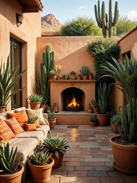 Moroccan Outdoor Patio, Moroccan Exterior, Spanish Style Backyard, Spanish Style Courtyard, Desert Backyard, Spanish Courtyard, Hacienda Style Homes, Desert Decor, Mexican Home Decor