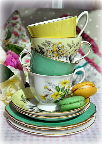 Green and Yellow Vintage Teacups Stack | www.cakestandheaven… | Flickr Stack Of Teacups, Cups Stacked, Tea Cup Art, Tea Display, Teacup Candles, Tea Cups And Saucers, Porcelain Signs, Tea Plates, Vintage Teacups