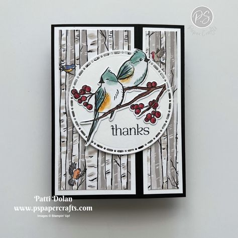 Offset Gatefold Cards — P.S. Paper Crafts We Must Celebrate Stampin Up Cards, Offset Gatefold Card, Susan Stampfield Cards, Nest Of Winter Stampin Up Cards, Sue Stampfield Cards, Wintery Tree Tops Stampin Up Cards, Bird Cards Ideas, Silhouette Cards Ideas, Winterly Tree Tops Su Cards