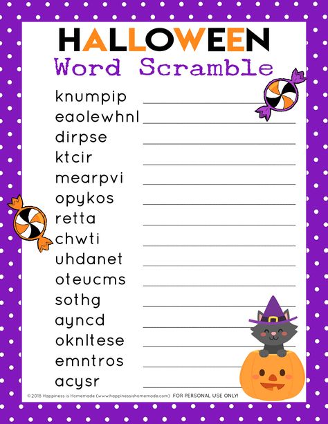 Halloween Word Scramble - Happiness is Homemade Halloween Crossword, Halloween Word Scramble, Halloween Games Activities, Printable Halloween Games, Homeschool Adventures, Class Mom, School Festival, Unscramble Words, Club Activities