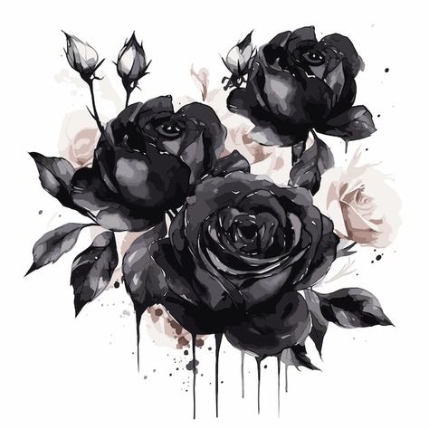 Black flowers on white watercolor style | Premium Vector #Freepik #vector #bouquet #flower-bouquet #rose-bouquet #origami-flower Black Rose Watercolor, Black Rose Illustration, Black Roses Painting, Black Rose Art, Black Flowers Drawing, Black Rose Drawing, Black Rose Painting, Printable Wall Art Black And White, Black And White Watercolor