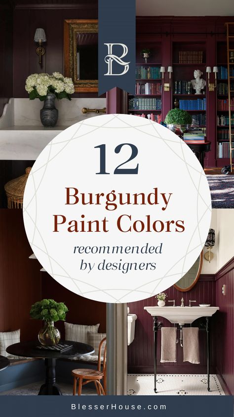 The top burgundy paint colors most recommended by interior designers for a moody, sophisticated space in bathrooms, kitchens, and bedrooms. Smoked Mulberry Paint, Dark Burgundy Wall Paint, Dark Berry Paint Color, Dusty Red Paint Color, Behr Divine Wine, Burgundy Fireplace Wall, Burgundy Cabinets Bathroom, Gooseberry Paint Color, Oxblood Dining Room