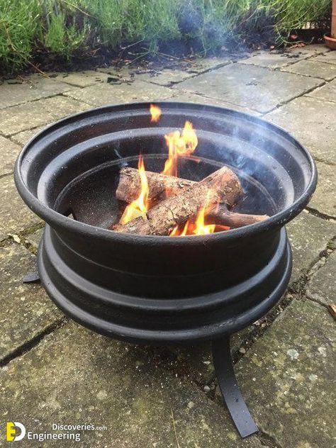 Amazing Wheel Rim Fire Pit Design Ideas | Engineering Discoveries Bbq Ideas Backyard, Rim Fire Pit, Fire Pit Ideas Backyard, Diy Fire Pit Ideas, Outdoor Fireplace Plans, Fire Pit Gallery, Pit Bbq, Outdoor Fireplace Kits, Fire Pit Materials