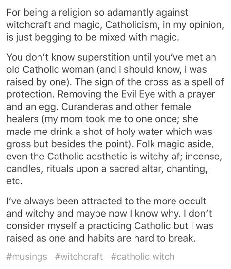 The reason witches became demonized (or a huge part of it) was because when women practiced the same holy rituals priests and monks performed, the men felt threatened. There's a reason Evangelicals hate Catholics and think we're witches - our traditions are basically ancient witchcraft (Catholic bishops still wear amethyst to protect from negativity and quiet the mind for contemplation). But since men are performing it instead of women, we consider it holy instead of evil. #letwomenbepriests Manifesting Witchcraft, Catholic Witch, Confusing Relationship, Goth Catholic, Ancient Witchcraft, Christian Witchcraft, Christian Witch, Witchcraft Spells For Beginners, Spells For Beginners