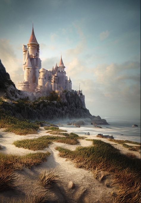 Castle By The Sea Fantasy Art, Cliffside Castle Fantasy Art, Fantasy World Aesthetic Castle, Air Castle Fantasy Art, Coastal Castle Fantasy Art, Island Castle Aesthetic, Fantasy Island Castle, Castle Near Ocean, Fantasy Castle By The Sea