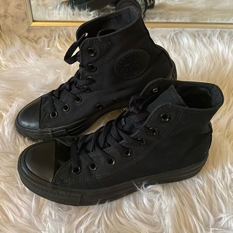 Converse Chuck Taylor All Star Classic Black Monochrome Shoes | US Size 7 Full Black Converse, Black Monochrome Converse, Black Converse Aesthetic, All Black Chuck Taylors, All Black High Tops, Black Leather Converse, All Black Converse, Converse Aesthetic, Black Chucks