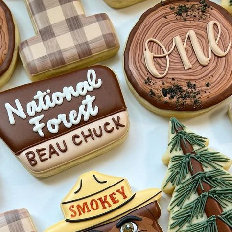 Cassidy Burk on Instagram: "Smokey says Beau is one! 🐻🌲 • • • • #royalicing #cookie #customcookies #montana #royalicingcookies #sugarcookies #cookiesofinstagram #helenamontana #cookies #decoratedcookies #406 #sugarcookiedecorating #birthdaycookies #smokey #smokeybear" National Park Birthday Cookies, Smokey The Bear Cake, Smokey Bear Birthday Party, National Park Cookies Decorated, Smokey The Bear Party, National Park Cookies, Montana Cookies, One Happy Camper Cookies, Jeep Cookies