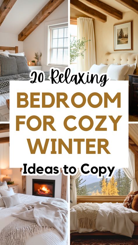 Turn your bedroom into a cozy winter retreat with these 20 dreamy ideas. Incorporate warm seasonal decor with rustic wood, green accents, and elegant grey tones. Create a winter vibe with comfy layered bedding, soft blue touches, or romantic farmhouse details. Add a fireplace or charming DIY decor for extra warmth, and transform your room into a relaxing wonderland perfect for snowy nights and serene mornings. Winter Comforter Bedding, Bedroom Sanctuary Ideas Cozy, Winter Cottage Bedroom, Winter Bedding Cozy Bedroom Ideas, Cozy Winter Bed, Cozy Winter Night Aesthetic, How To Make A Bedroom Cozy, Winter Bedding Cozy Bedroom, Cozy Winter Bedroom Ideas