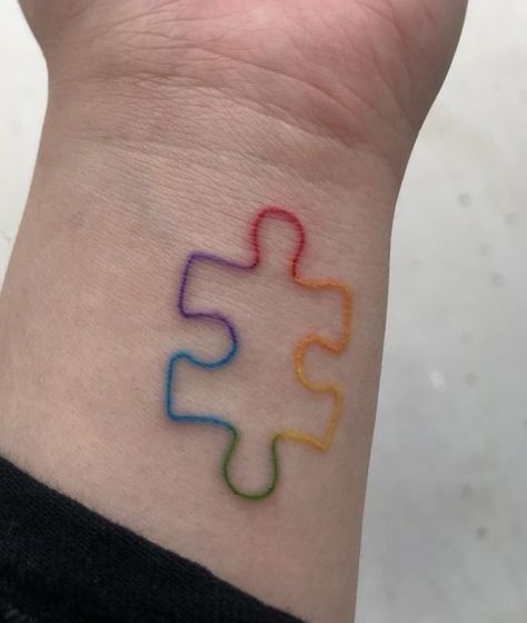 Rainbow Puzzle Piece Tattoo, Disabilities Tattoo, Austim Tattoos Ideas, Asd Tattoo Ideas, Austim Tattoos, Puzzle Tattoo, Detailed Tattoos, Teacher Tattoos, Middle Finger Tattoos