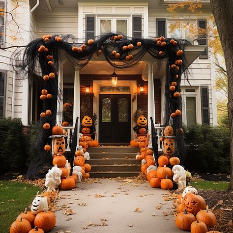 8 DIY Outdoor Halloween Decorations to Try This Year Decoration For Halloween Outdoor, Unique Outdoor Halloween Decorations, Creative Halloween Outdoor Decorations, Halloween Decor Entrance, Outdoor Halloween Porch Ideas, Halloween House Entrance, Vintage Halloween Front Porch, Halloween Decorations Diy Outdoor Porch, Halloween Outside Theme Ideas