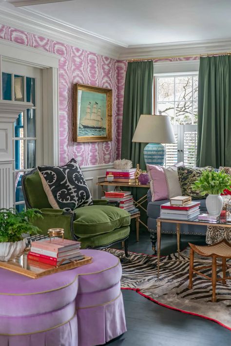 Acacia Avenue by Liz Caan & Co. | 1stDibs Southern Maximalist, Contemporary Eclectic Living Room, Magical Interior, Chinoiserie Living Room, Liz Caan, Colorful Eclectic Living Room, Gracie Wallpaper, Purple Living Room, Whimsical Home Decor