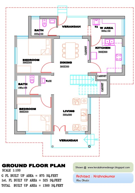 Kerala home plan and elevation - 1300 Sq. Feet House Plans Indian Style, 20x40 House Plans, Indian House Plans, Basement House Plans, Kerala House, Free House Plans, House Plans 3 Bedroom, Indian House, Three Bedroom House