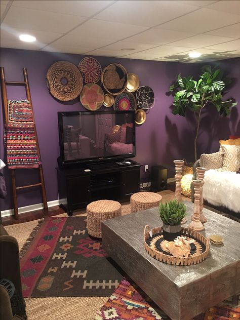 Purple Basement, Cute Cozy Home, Purple Wall Color, Multiple Rugs, Colorado Bedroom, Rec Room Basement, Contemporary Basement, White Leather Chair, New Living Room Ideas