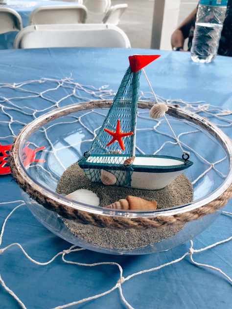 Ahoy it’s a boy - nautical themed centerpiece. Sailboat Centerpiece Ideas, Boat Centerpiece Ideas, Ahoy Its A Boy Baby Shower Ideas, Nautical Centerpiece Ideas, Boat Centerpieces, Nautical Baby Shower Boy, Shipwrecked Vbs, Nautical Centerpiece, Pregnant Cake