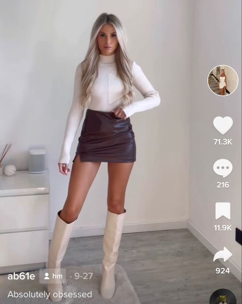 Chocolate Leather Skirt Outfit, White Leather Skirt Outfit Winter, Burgundy Skirt Outfit Winter, Brown Leather Skirt Outfit Fall, Burgundy Leather Skirt Outfit, Winter Casual Outfit For Women, Leather Skirt Outfit Fall, White Skirt Outfit Ideas, Brown Leather Skirt Outfit