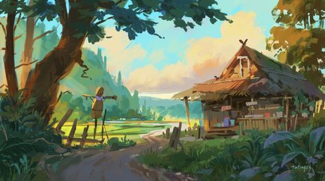 ArtStation - Color sketch Cottage Concept Art, Environment Painting, Barn Painting, Artist Working, Fantasy Background, Location Inspiration, Scenery Background, Landscape Concept, Background Drawing