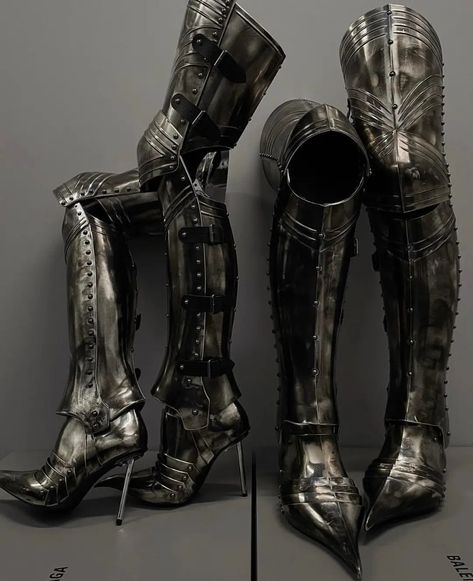 @threefatescastle on Instagram: “Balenciaga, Chevalier Armor Knight Boots” Armor Boots, Medieval Boots, Balenciaga Boots, Mode Shoes, Knight Boots, Knight Armor, Medieval Armor, Medieval Fantasy, Combat Boots