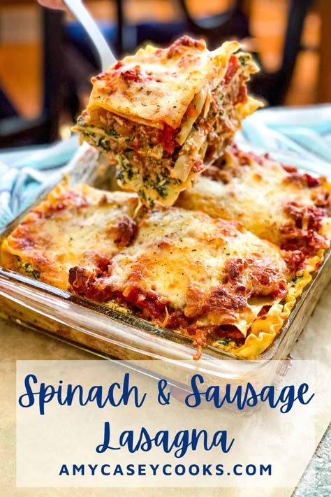 Layers of pasta, sausage studded tomato sauce, chopped spinach and 3 Italian cheeses make this lasagna awesome.  Assemble this make ahead recipe for spinach and sausage lasagna in advance, and dinner will be waiting for you. #dinnerideas #lasagna #makeaheadrecipe #lasagnaeasy Make Ahead Lasagna, Homemade Lasagna Recipe, Pasta Sausage, Homemade Lasagna Recipes, Lasagna Recipe With Ricotta, Healthy Casserole, Sausage Lasagna, Dinner Recipes Healthy Family, Baked Lasagna