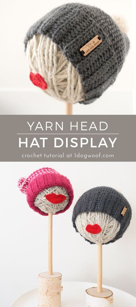 Instructions on how to make your own fun and trendy yarn ball hat stand, perfect for craft fairs and holiday shows. | www.1dogwoof.com What To Crochet For Craft Fairs, Diy Hat Stand Display, Knitting Display Ideas Craft Fairs, Displays For Hats, Crochet Hat Display Craft Fairs, Display Hats For Sale, Beanie Hat Display Ideas, Beanie Display Ideas Craft Fairs, Craft Fair Hat Display