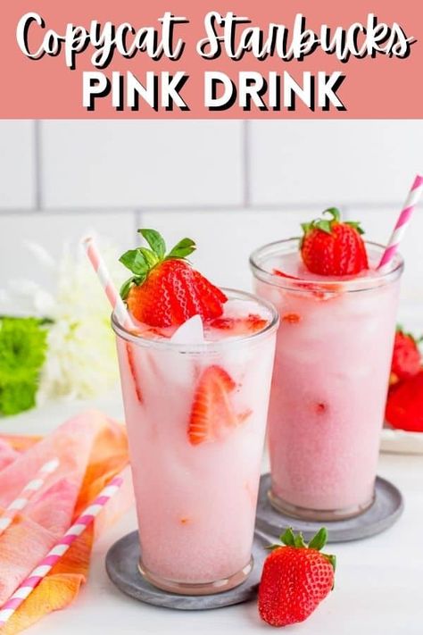 Pink Drink Recipe, Starbucks Pink Drink Recipe, Pink Drink Starbucks, Homemade Starbucks, Starbucks Pink Drink, Pink Drink Recipes, Copycat Starbucks, Strawberry Drinks, Seasonal Drinks