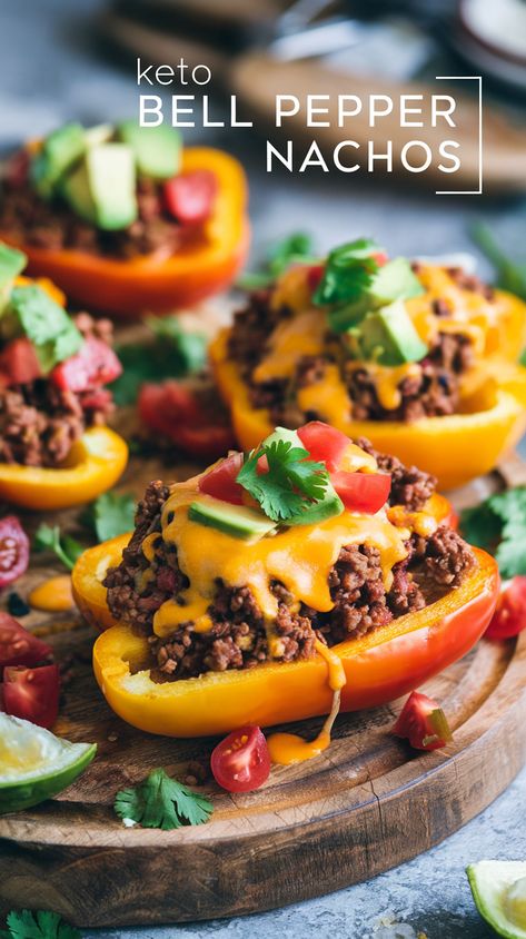 Baked bell pepper nachos filled with beef and cheese, topped with avocado and tomatoes, under natural lighting, 'Keto Bell Pepper Nachos' overlay text. Bell Pepper Nachos, Dairy Free Lasagna, Pepper Nachos, Healthy Nachos, Rabbit Stew, Portable Snacks, Stuffed Mini Peppers, Keto Snack, Iron Rich Foods