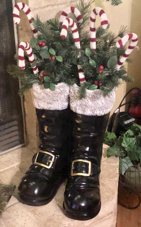 Santa’s Boots Decor, Santa Boots Centerpiece, Christmas Santa Boots, Santas Boots Decor, Santa Boots Decoration Ideas, Santa Shoes, Santas Boots, Santa Boots Diy Christmas Decor, Christmas Boots Decoration