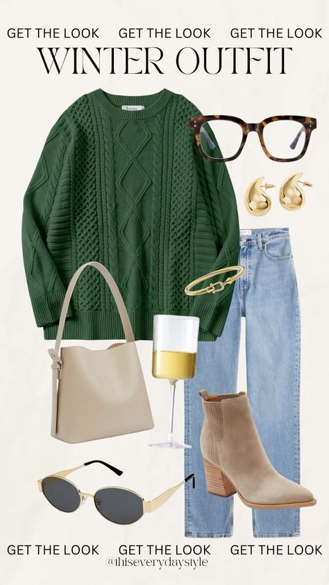 green sweater, cable knit sweater, sweater outfit inspo, sweater weather, winter outfit, winter sweater, Christmas outfit, holiday outfit, Christmas sweater, holiday sweater, winter ootd, winter style, winter outfit inspo, casual winter outfit, casual winter style, ankle boots, brown ankle boots, gold accessories, tan purse, beige purse Casual Dinner Outfit, Sweaters Oversized, Minimalist Outfit, Winter Boots, Date Night Outfit, Christmas Outfit, Casual Outfits, Sweaters For Women, Fashion Tips