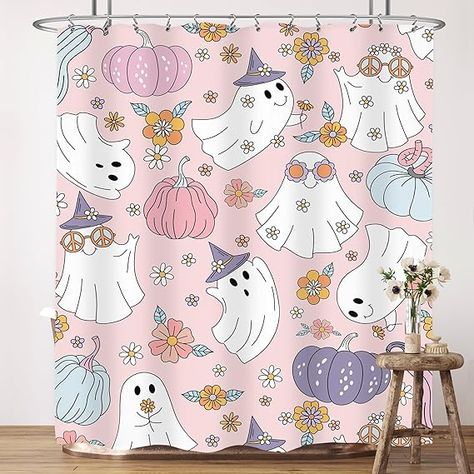 Halloween Curtains, Pink Shower Curtain, Halloween Shower Curtain, Cloth Shower Curtain, Pink Shower Curtains, Kids Shower Curtain, Boho Halloween, Flower Shower Curtain, Cute Autumn