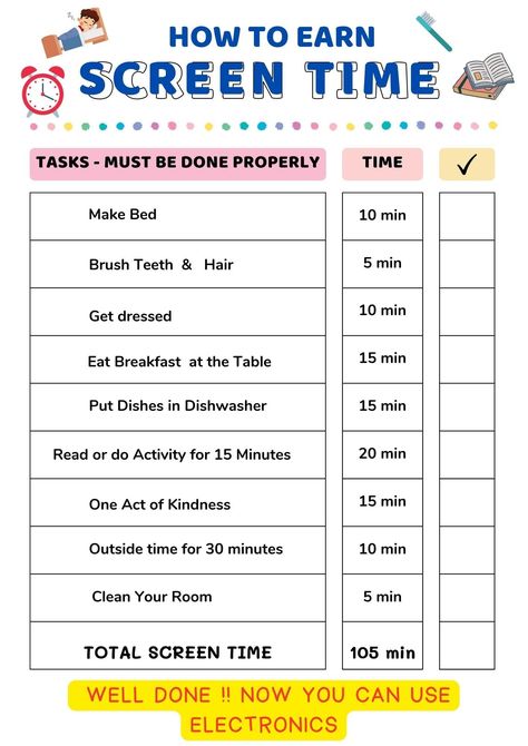 Kids SCREENTIME CHORE CHARTS, Printable Screen Time Chart. Introduce Screen Time Rules & Get Chores Done in One Go - Etsy in 2024 | Kids schedule, Mindfulness for kids, Chores for kids Chore Chart To Earn Screen Time, Kids Rules Chart, Chores Before Screen Time, Screen Time Chore Chart, Fun Chore Charts For Kids, How To Earn Screen Time For Kids, Screen Time Reward Chart, Screen Time Checklist Printable, Kids Screen Time Chart