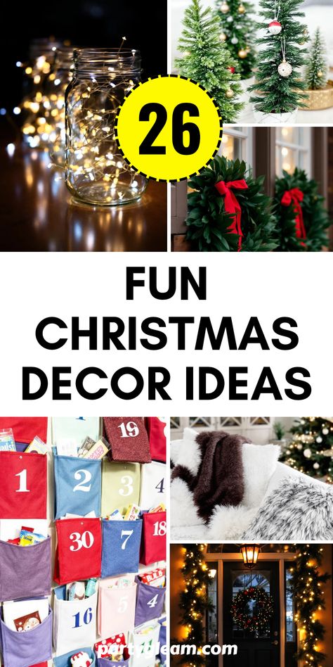 Transform your home into a festive winter wonderland with these 26 fun Christmas decor ideas! Discover unique ways to hang garland over doorways, create a DIY Advent calendar, use faux fur accents, and add wreaths on windows. Don't miss out on twinkle light jars and charming small natural trees that will bring your space to life. Whether you're hosting family or enjoying a cozy night in, these decorating ideas will make your home merry and bright all season long. Get inspired today and start crafting an enchanting holiday atmosphere! Fun Christmas Decor Ideas, Wreaths On Windows, Fun Christmas Decor, Homemade Snow Globes, Homemade Advent Calendars, White Christmas Lights, Paper Table Runner, Fun Christmas Decorations, Unique Christmas Trees