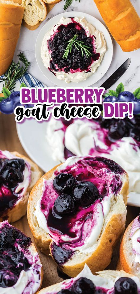 This Blueberry Goat Cheese Dip appetizer is a beautiful and easy 10-minute recipe served with slices of French bread. Blueberry Goat Cheese Recipes, Goat Cheese Recipes Appetizers Dips, Blueberry Goat Cheese Appetizer, Recipes With Goat Cheese, Cooking With Honey, Gameday Food, Blueberry Goat Cheese, Goat Cheese Dip, Sweet Appetizer