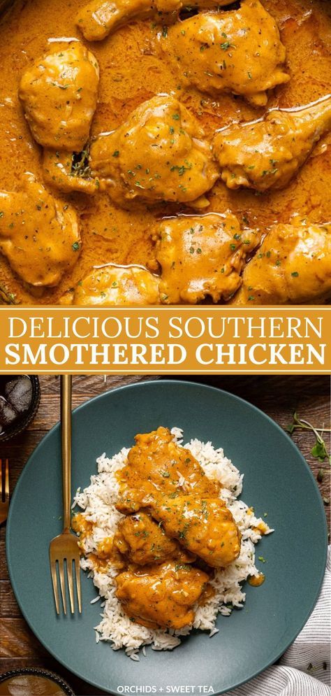 Get set to dive into a Southern classic with our Delicious Southern Smothered Chicken recipe! This dish is pure Southern comfort, featuring succulent chicken bathed in a rich, flavorful gravy. It's the kind of meal that brings everyone to the table with smiles + empty plates. Gluten-free Option. | how to make smothered chicken | homemade smothered chicken | homemade gravy for smothered chicken | smothered chicken dinner recipes | smothered chicken with gravy | best smothered chicken recipe Homemade Gravy For Chicken, Southern Chicken Dinner Recipes, Southern Dishes Dinners, Southern Chicken Thigh Recipes, How To Make Smothered Chicken, Southern Menu Ideas, Firefighter Dinner Recipes, Southern Meat Recipes, Saucy Chicken And Rice