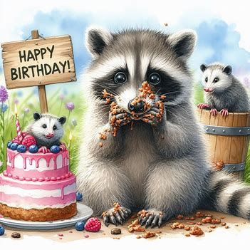 young raccoon, cake smeared all over face, opossums celebrate, birthday cake, words HAPPY BIRTHDAY, background summer meadow, watercolor, sign words KEEP IT CLEAN! - Image Creator from Microsoft Designer Raccoon Cake, Raccoon Pictures, Watercolor Sign, Happy Birthday Wishes For A Friend, Happy Birthday Background, Celebrate Birthday, Birthday Wishes Greetings, Background Summer, Summer Meadow