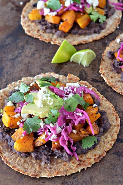 Goya Black Beans Recipe, Squash Black Bean, Black Bean Tostadas, Bean Ideas, Butternut Squash Black Bean, Bean Tostadas, Tostada Recipes, Pickled Cabbage, Mountain Mama