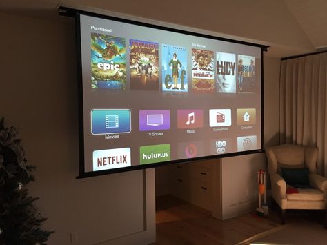 Drop down 132" projector screen in your bedroom? Um! Yes please! #BedroomUpgrade Projector In Bedroom, Low Country Homes, Home Theater Installation, Home Cinema Room, Bedroom Upgrade, Home Theater Setup, Home Theater Rooms, Home Theater Projectors, Casa Container