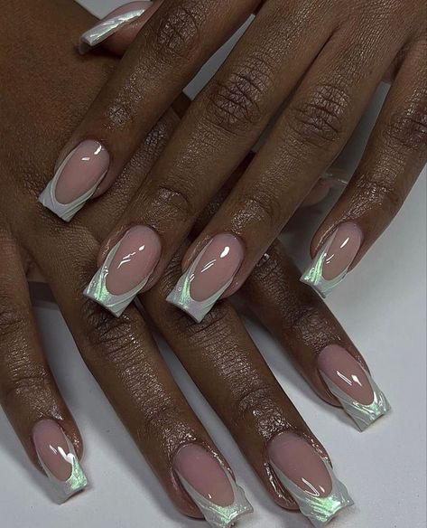 Builder Gel Toenails, French Tip Chrome Nails Square, Square Chrome French Tip Nails, Textured French Tip Nails, Iridescent Nails French Tip, Chrome Nails Short Square, Simplistic Nail Designs, 3d French Tip Nails, Biab Designs