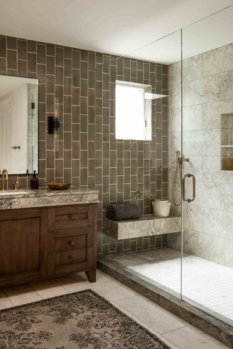 Morrison Interiors, Moody Bathroom, Green Tile Bathroom, Subway Tile Showers, Bathroom Oasis, Shower Shelf, Luxurious Showers, Shower Bench, Tiles Design