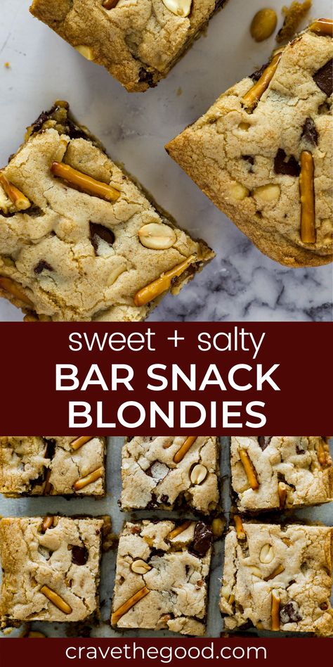 Try this new twist on an old classic! My bar snack blondies recipe is just the best. It's chewy with crispy edges, and bursting with chocolate chunks, peanuts and pretzels.. I'll teach you how to make these irresistible blondies! | cravethegood.com Snacks From Scratch, Pretzel Blondies, Best Blondie Recipe, Peanut Desserts, Best Blondies Recipe, Blondie Recipe, Homemade Bar, Salty Treats, Blondies Recipe