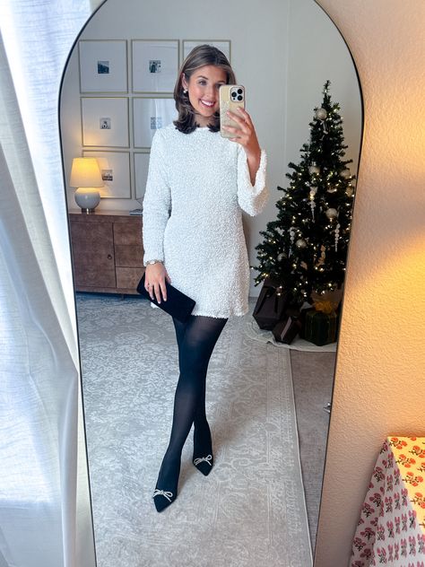 Classic Sheer Rip-Resist Tights curated on LTK White Mini Dress With Tights, Pearl Dress Outfit, Trendy Holiday Dresses, Christmas Outfit Inspiration, Mini Dress With Tights, Chic Office Outfit, Black Opaque Tights, White Sequin Dress, Dress Ootd