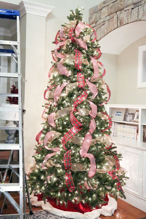 Ribbon On Christmas Tree Waterfall, Waterfall Christmas Tree Ribbon, Christmas Tree With Vertical Ribbon, Spiral Ribbon On Christmas Tree, Christmas Tree Vertical Ribbon, Ribbon Only Christmas Tree, Adding Ribbon To Christmas Tree Tutorial, Waterfall Ribbon Christmas Tree, Cascading Ribbon On Christmas Tree