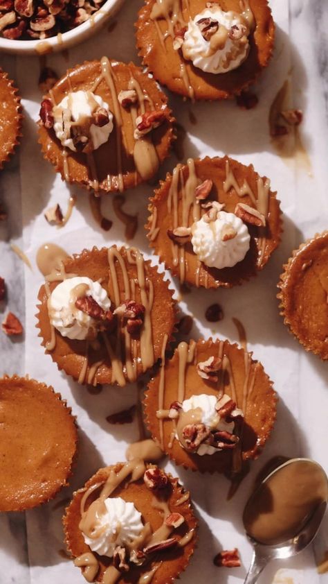 Perfect for fall parties, these baked mini pumpkin cheesecakes are rich and creamy with a crunchy cereal crust and caramel drizzle! Vegan Pumpkin Cheesecake, Pumpkin Cheesecakes, Feasting On Fruit, Pumpkin Fudge, Mini Pumpkin Cheesecake, Gluten Free Cereal, Dairy Free Pumpkin, Fall Parties, Pumpkin Mousse