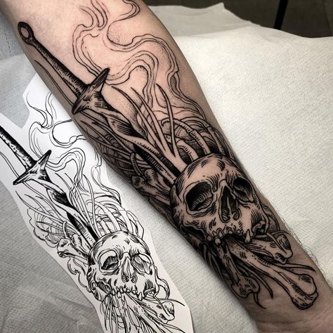 Dark Souls Tattoo, Leg Band Tattoos, Sif Dark Souls, Skull Art Tattoo, Demon Skull, Soul Tattoo, Bloodborne Art, Statue Tattoo, King Tattoos