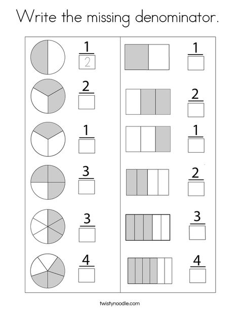 Write the missing denominator Coloring Page - Twisty Noodle Math Fractions Worksheets, Math Coloring Worksheets, Kindergarten Phonics Worksheets, Preschool Workbooks, Twisty Noodle, Teaching Fractions, Math Sheets, Mathematics Worksheets, 2nd Grade Math Worksheets